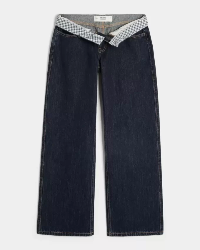 Low-Rise Dark Wash Foldover Waist Baggy Jeans