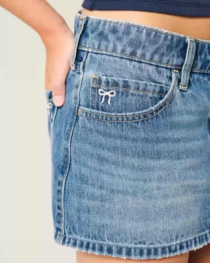 Low-Rise Embroidered Bow Denim Mini Skort