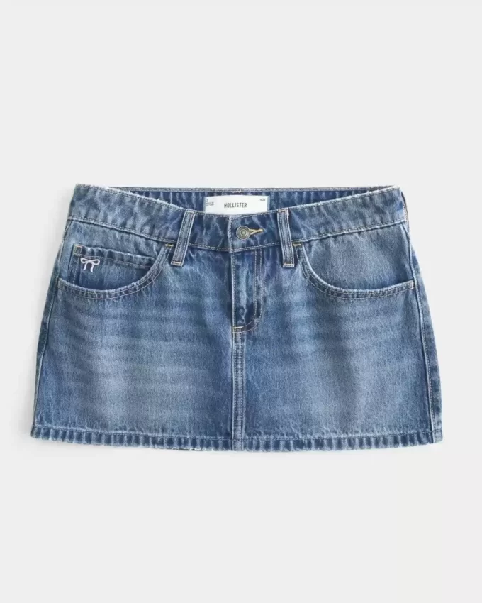 Low-Rise Embroidered Bow Denim Mini Skort
