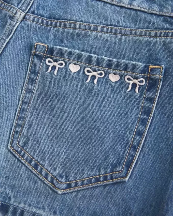 Low-Rise Embroidered Bow Denim Mini Skort
