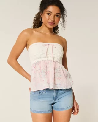Low-Rise Light Wash Floral Embroidered Denim Shortie Shorts