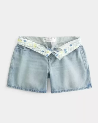 Low-Rise Light Wash Foldover Waist Baggy Denim Shorts 5″