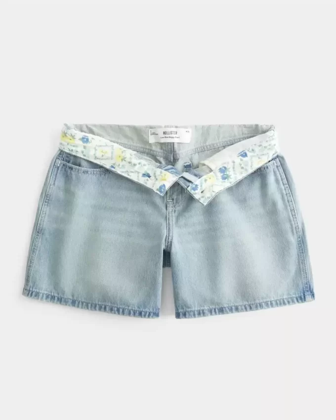 Low-Rise Light Wash Foldover Waist Baggy Denim Shorts 5″
