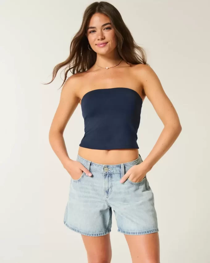 Low-Rise Light Wash Foldover Waist Baggy Denim Shorts 5″