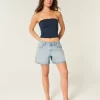 Low-Rise Light Wash Foldover Waist Baggy Denim Shorts 5″