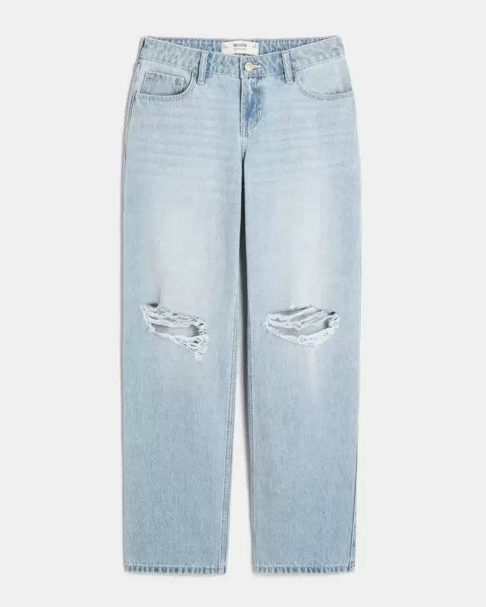 Low-Rise Light Wash Ripped Loose Jeans