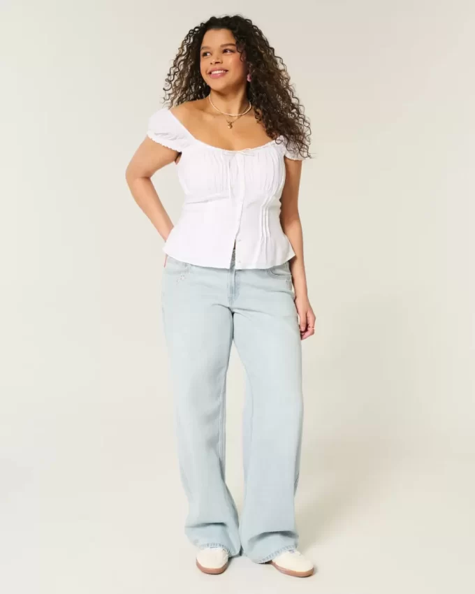Low-Rise Light Wash Star Embroidery Baggy Jeans