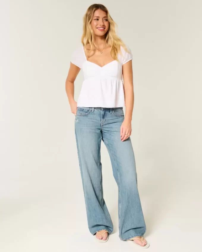 Low-Rise Medium Wash Butterfly Graphic Baggy Jeans