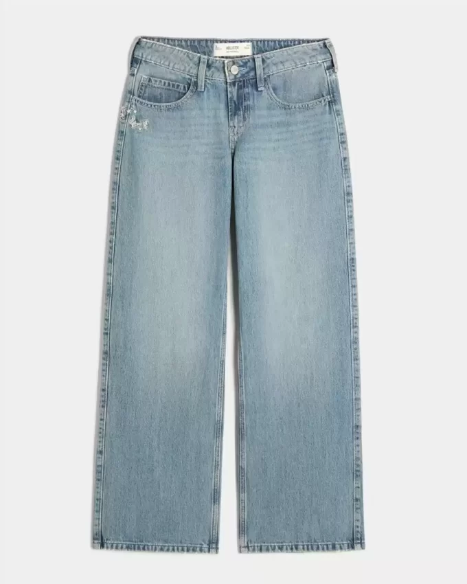 Low-Rise Medium Wash Butterfly Graphic Baggy Jeans