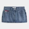 Low-Rise Medium Wash Flag Embroidered Denim Mini Skort