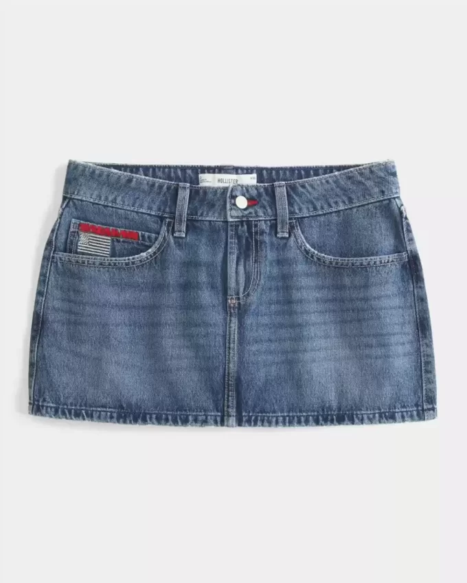 Low-Rise Medium Wash Flag Embroidered Denim Mini Skort