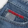 Low-Rise Medium Wash Flag Embroidered Denim Mini Skort