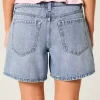 Low-Rise Medium Wash Foldover Waist Baggy Denim Shorts 5″