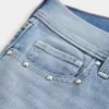 Low-Rise Medium Wash Studded Denim Shortie Shorts