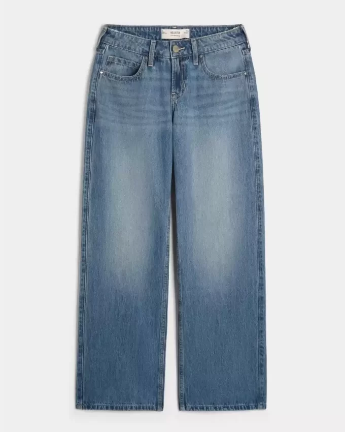 Low-Rise Medium Wash Studded Hearts Baggy Jeans