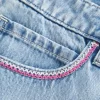 Low-Rise Pink Embroidered Light Wash Denim Mini Skort
