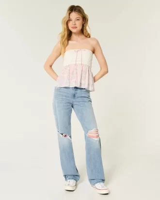 Low-Rise Ripped Light Wash Loose Jeans