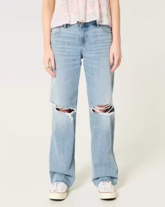 Low-Rise Ripped Light Wash Loose Jeans