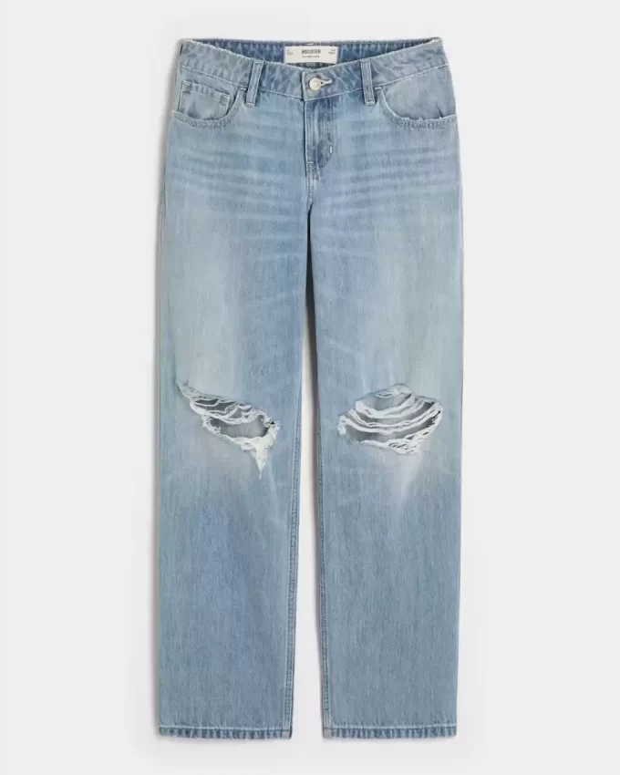 Low-Rise Ripped Light Wash Loose Jeans