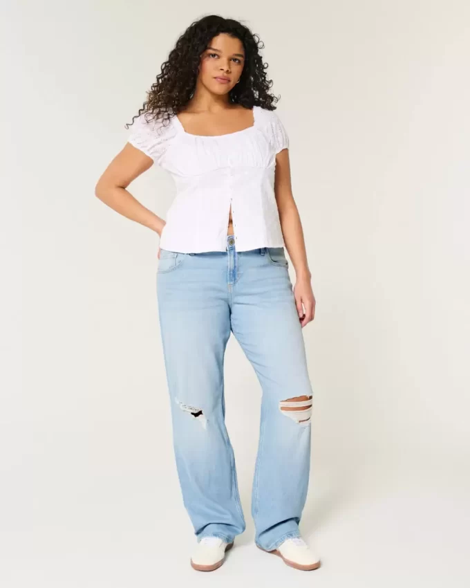 Low-Rise Ripped Light Wash Relaxed Straight Jeans