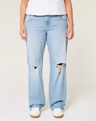 Low-Rise Ripped Light Wash Relaxed Straight Jeans