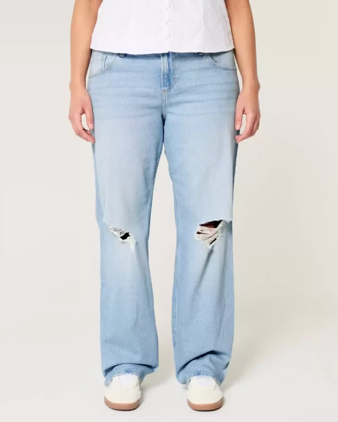 Low-Rise Ripped Light Wash Relaxed Straight Jeans