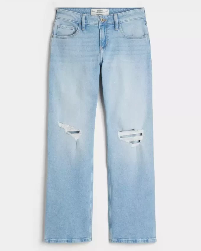 Low-Rise Ripped Light Wash Relaxed Straight Jeans