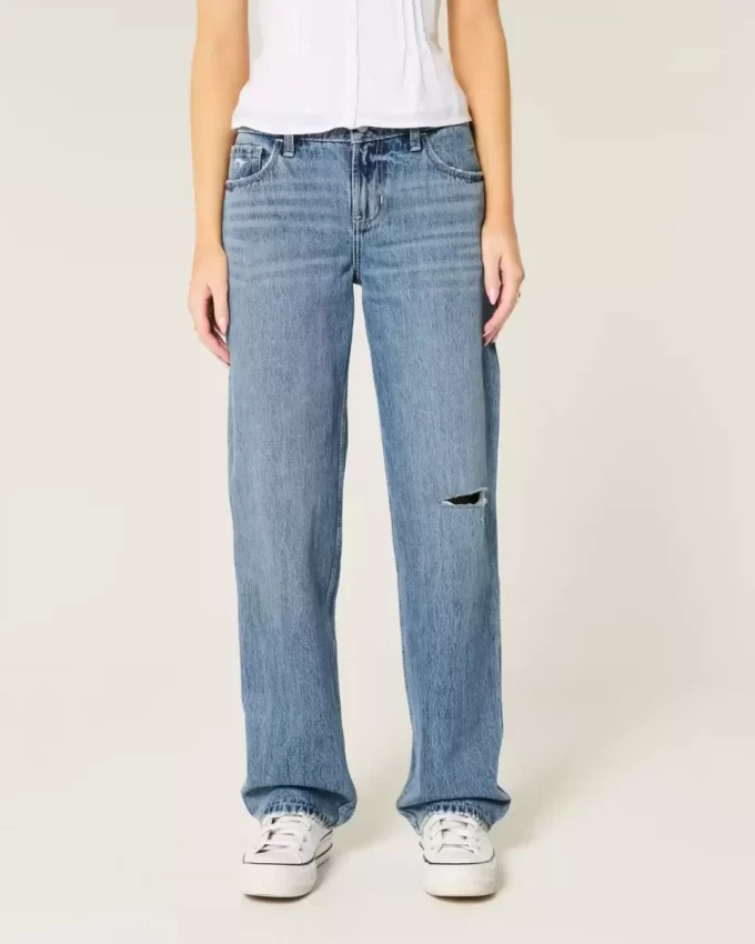 Low-Rise Ripped Medium Wash Loose Jeans
