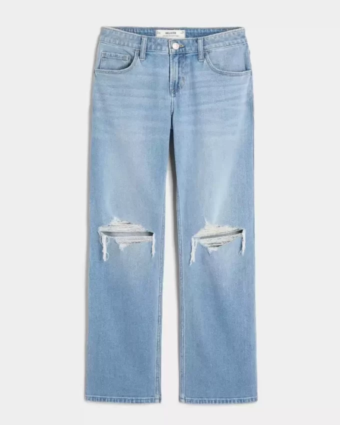 Low-Rise Ripped Medium Wash Relaxed Straight Jeans