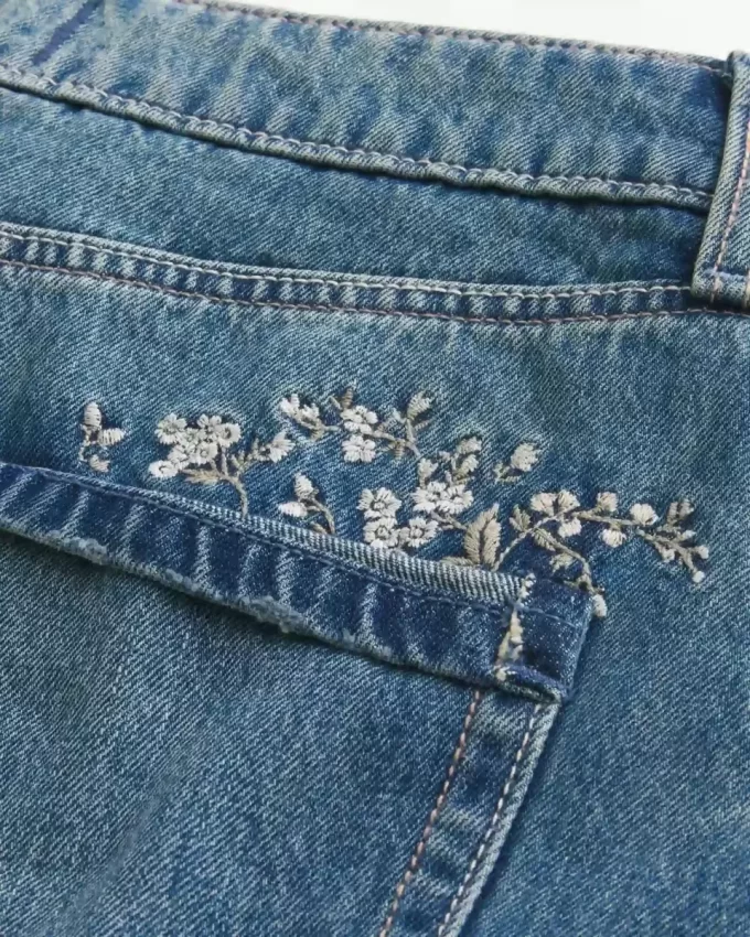 Medium Wash Embroidered Denim Mini Skort
