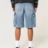 Medium Wash Super Baggy Denim Cargo Shorts