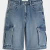 Medium Wash Super Baggy Denim Cargo Shorts