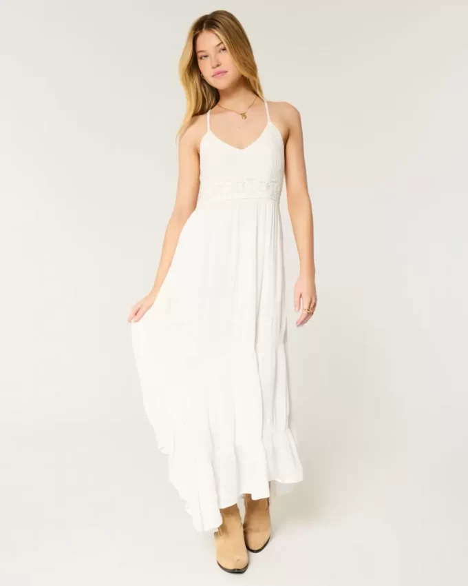 Mixed Fabric Crochet-Style Maxi Dress