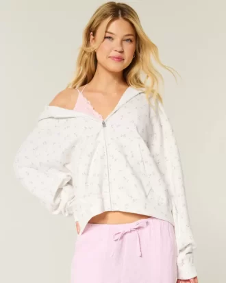 Oversized Floral Pattern Zip-Up Hoodie