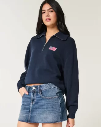 Oversized Half-Zip American Flag Graphic Sweater