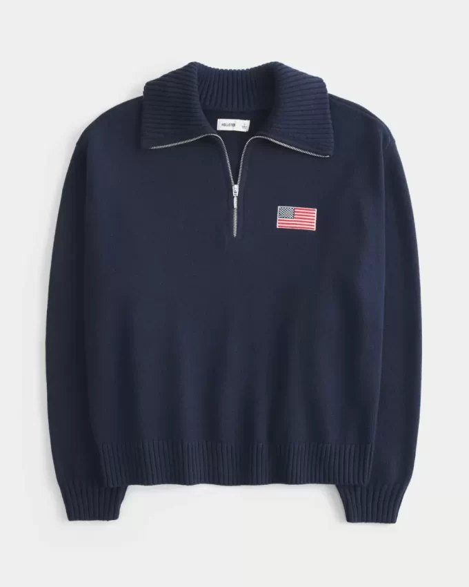 Oversized Half-Zip American Flag Graphic Sweater Oversized Half-Zip American Flag Graphic Sweater
