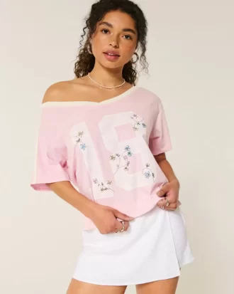 Oversized Off-the-Shoulder Varsity Floral Graphic Tee