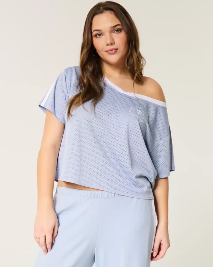 Oversized Off-the-Shoulder Varsity Graphic Jersey Oversized Off-the-Shoulder Varsity Graphic Jersey