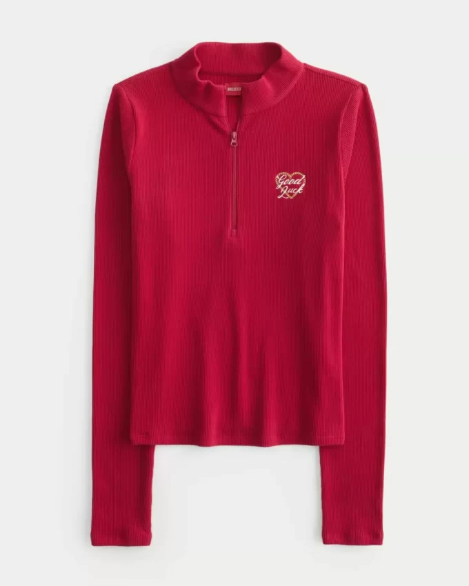 Ribbed Lunar New Year Graphic Half-Zip Top