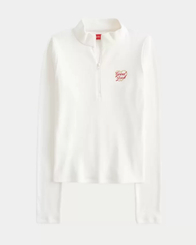 Ribbed Lunar New Year Graphic Half-Zip Top
