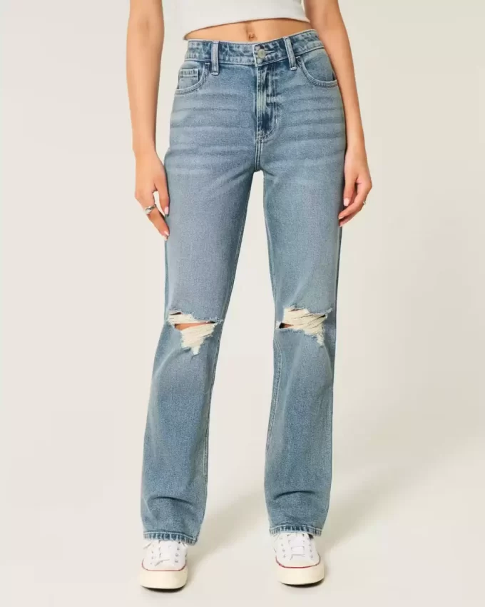 Ripped Medium Wash High-Rise Straight Jeans
