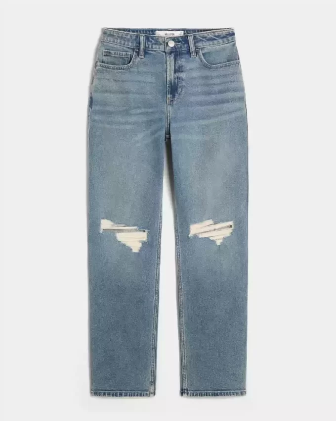 Ripped Medium Wash High-Rise Straight Jeans