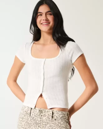 Short-Sleeve Button-Through Pointelle Top