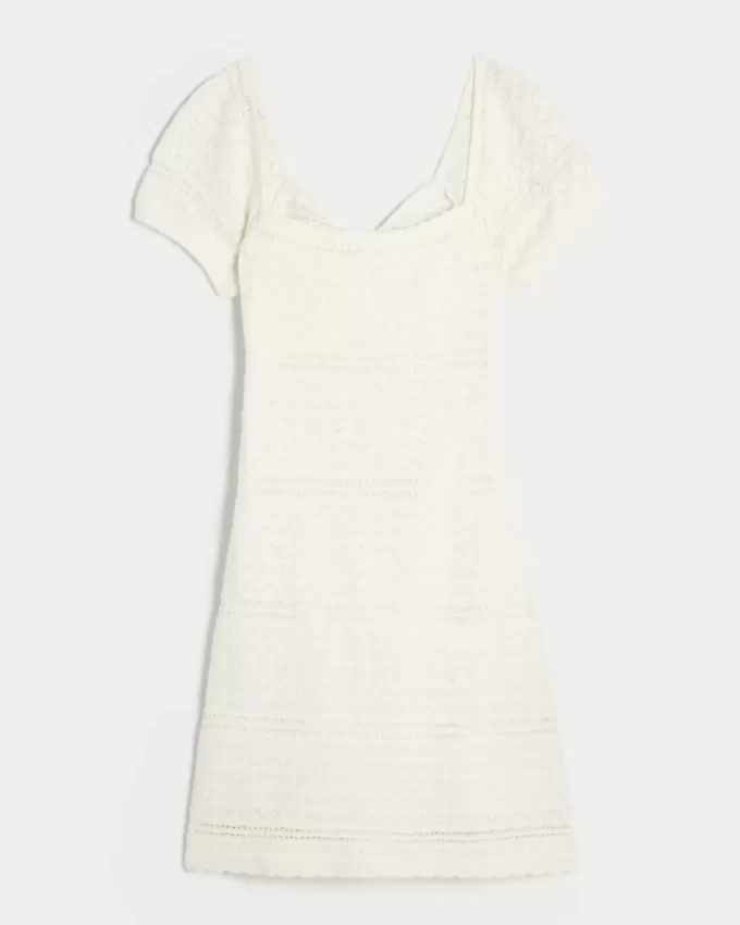 Short-Sleeve Crochet-Style Twist Back Mini Dress