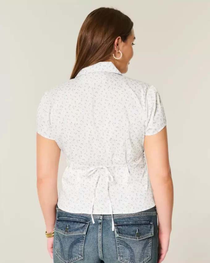 Short-Sleeve Stretch Poplin Button-Through Shirt
