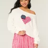 Slouchy Off-the-Shoulder Flag Heart Graphic Sweater