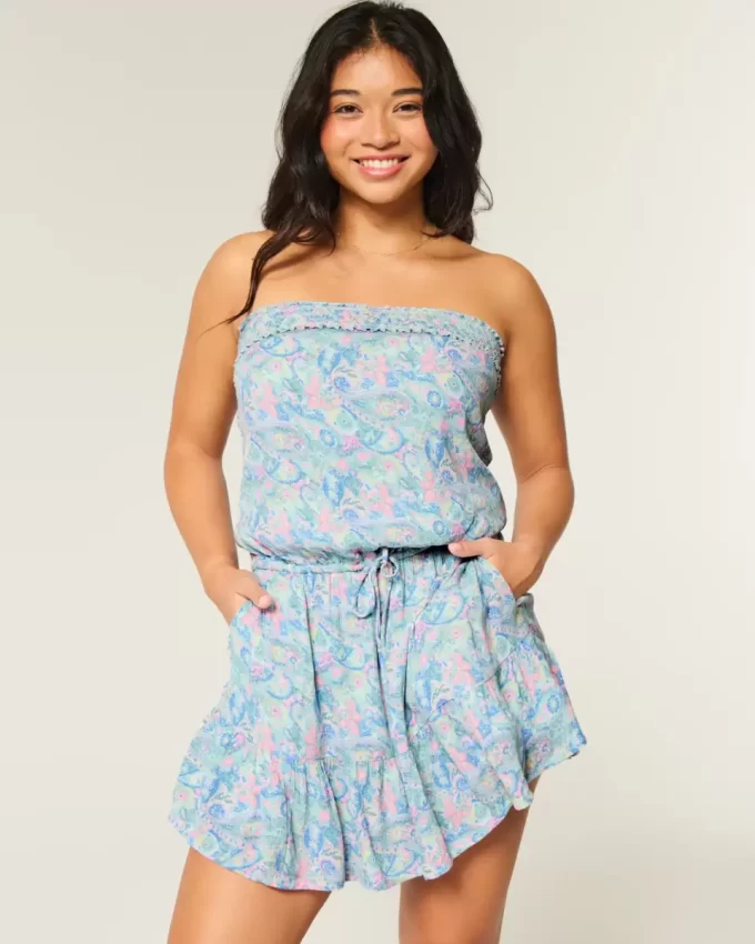 Strapless Drawstring Blouson Mini Dress