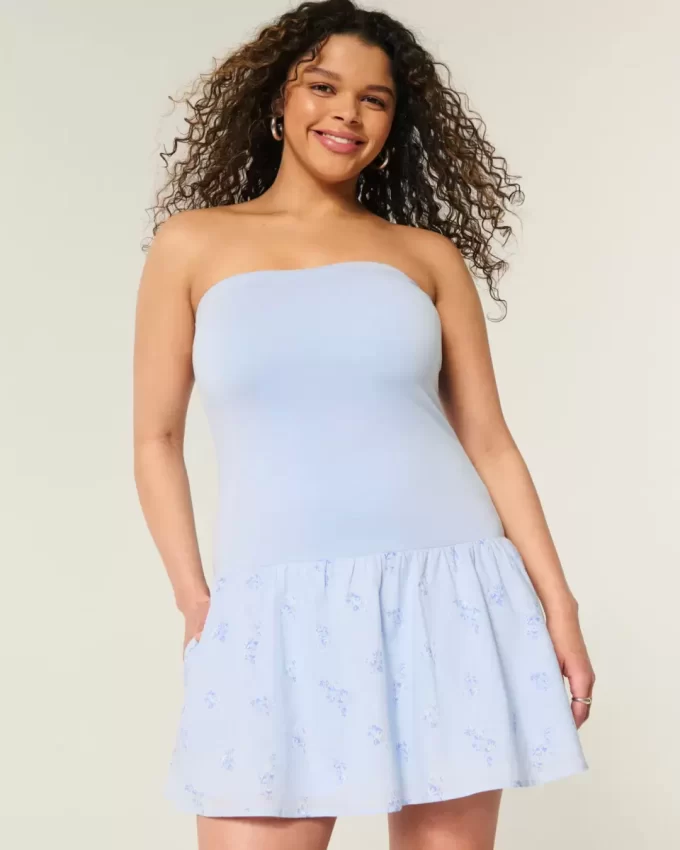 Strapless Drop-Waist Knit-Woven Mini Dress