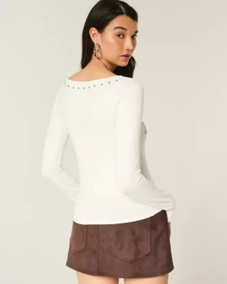 Studded SoHo Graphic Slash-Neck Top