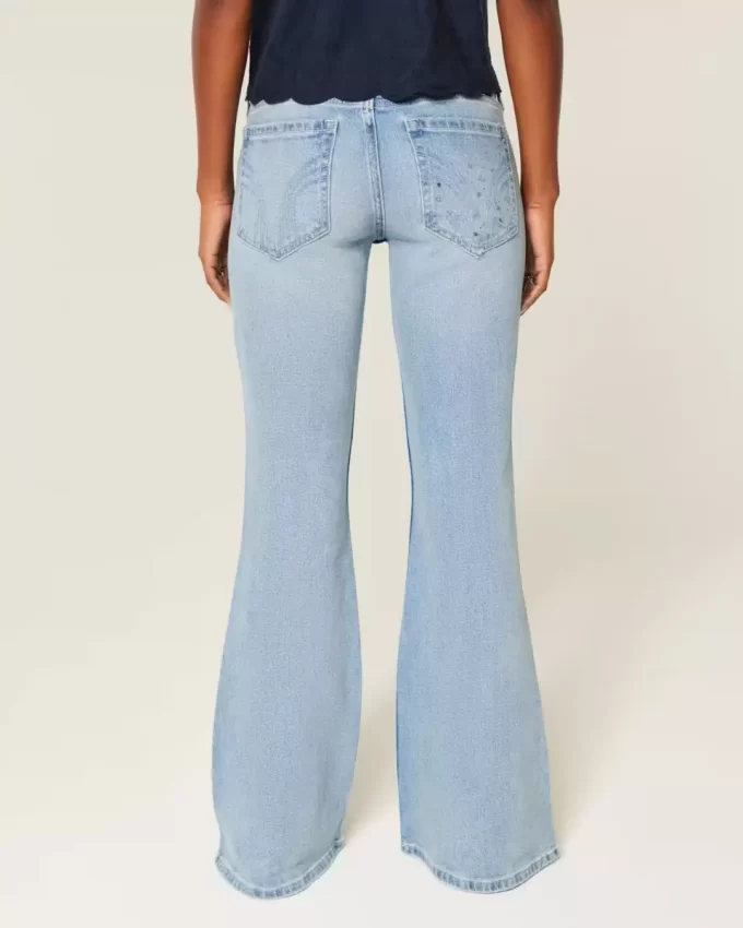 Ultra Low-Rise Distressed Light Wash Sequin Flare Jeans